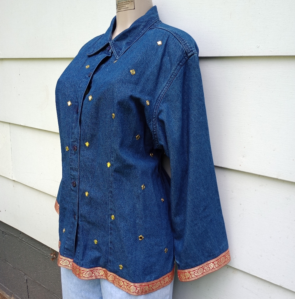 Vintage Sequin And Applique Ribbon Jean Shacket